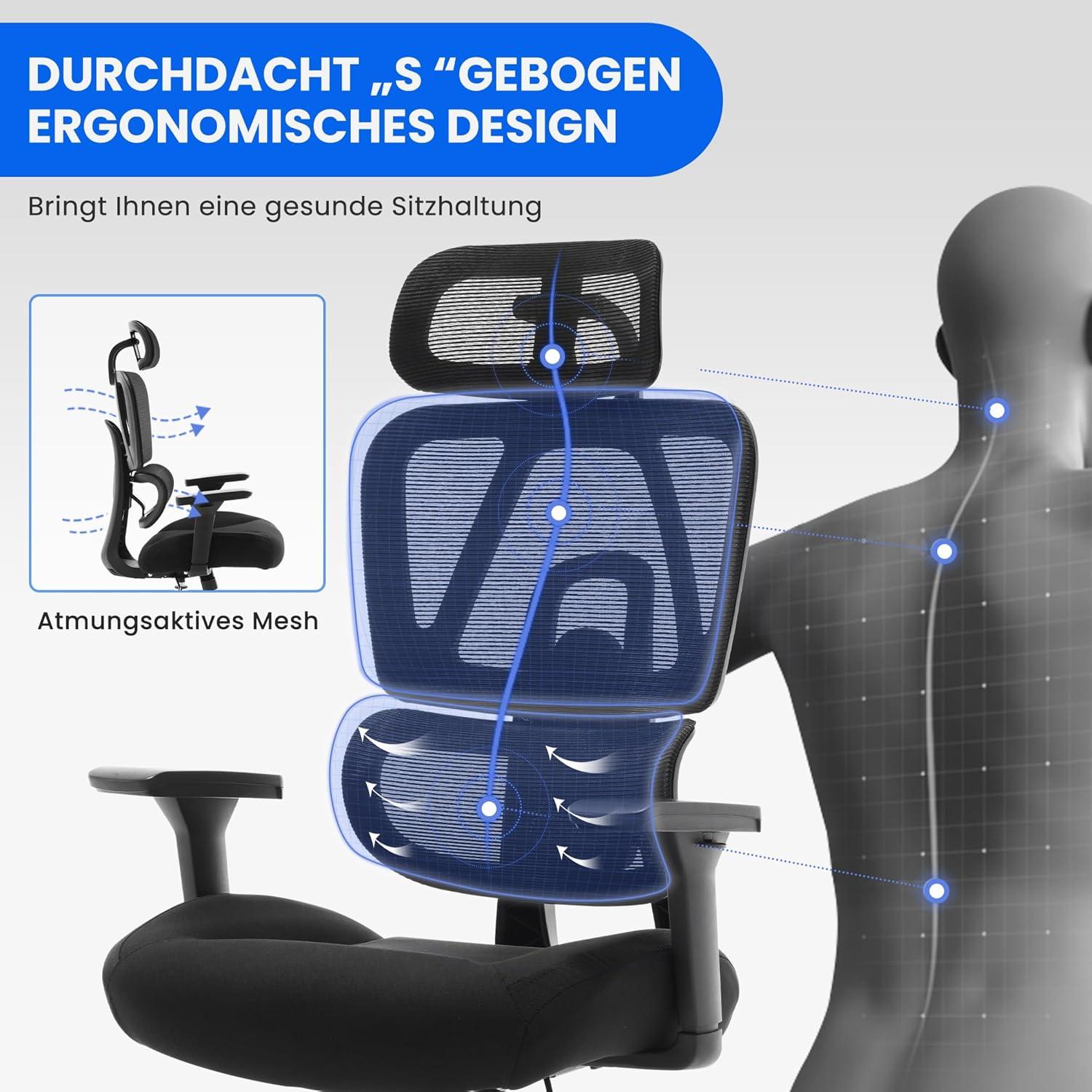 Ergonomischer Bürostuhl 200KG 3D Kissen 4D Armlehnen Mesh