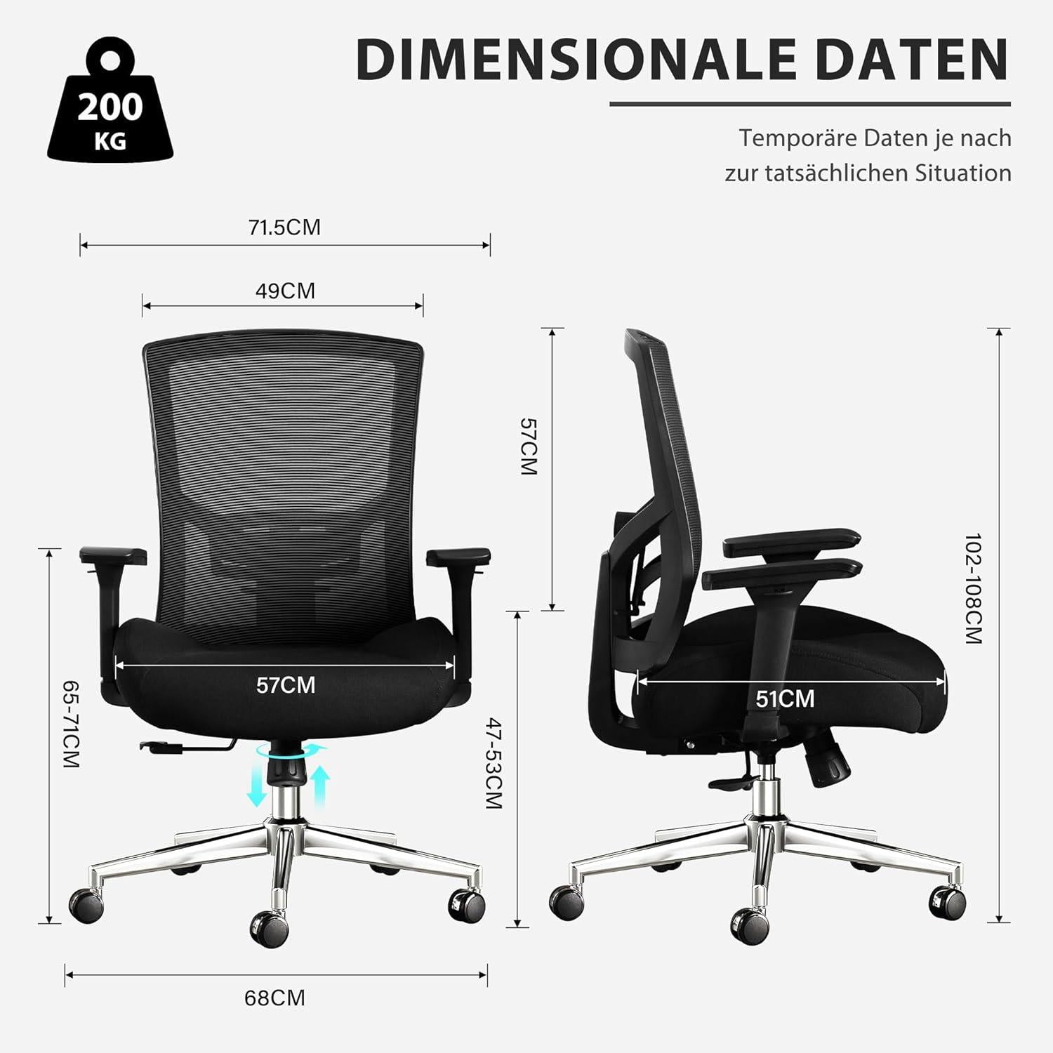 Ergonomischer Bürostuhl 200KG mit 3D Kissen und 4D Armlehnen
