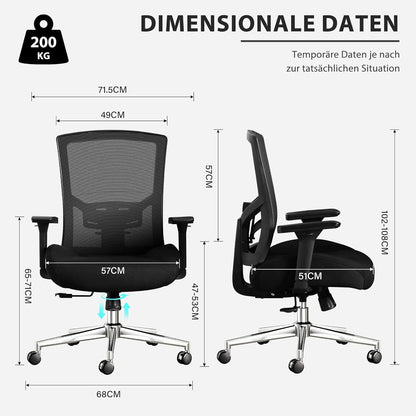Ergonomischer Bürostuhl 200KG mit 3D Kissen und 4D Armlehnen