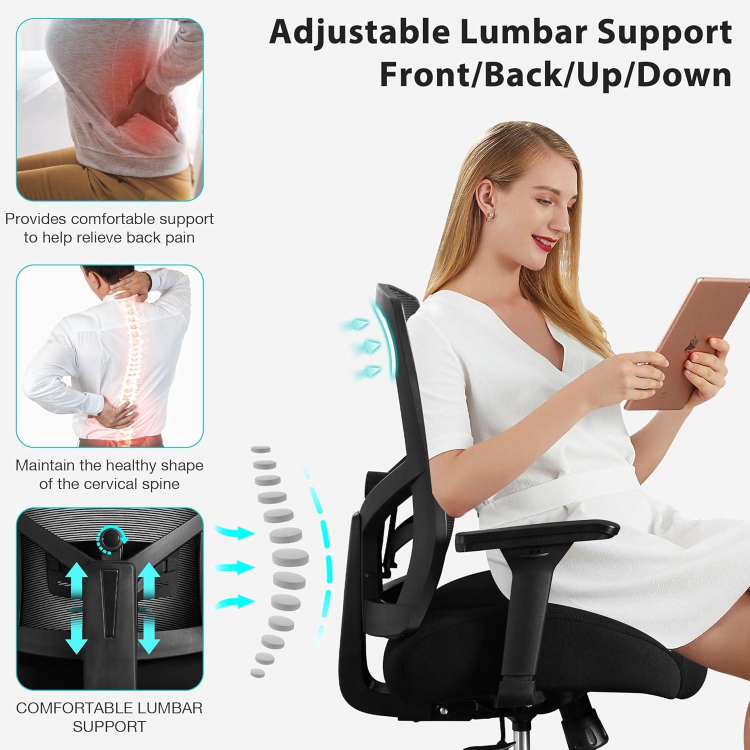 Ergonomischer Bürostuhl 200KG mit 3D Kissen, 4D Armlehnen, Verstellbarer Lordosenstütze