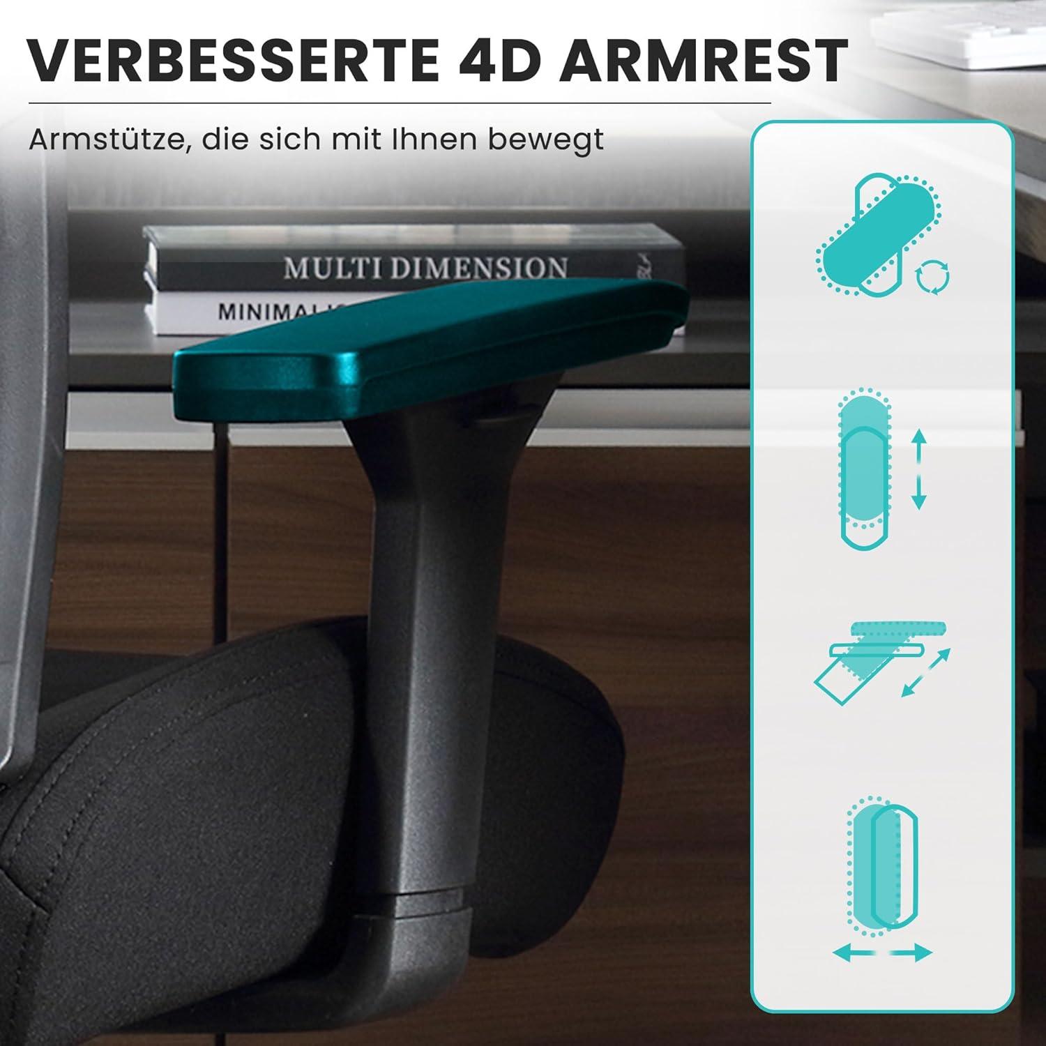 Bürostuhl Ergonomisch 200KG 3D Kissen 4D Armlehnen Lordosenstütze