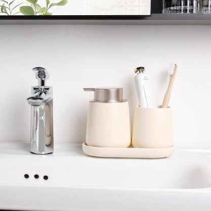 Keramik Badezimmer Set Beige – 3-teilig mit Seifenspender
