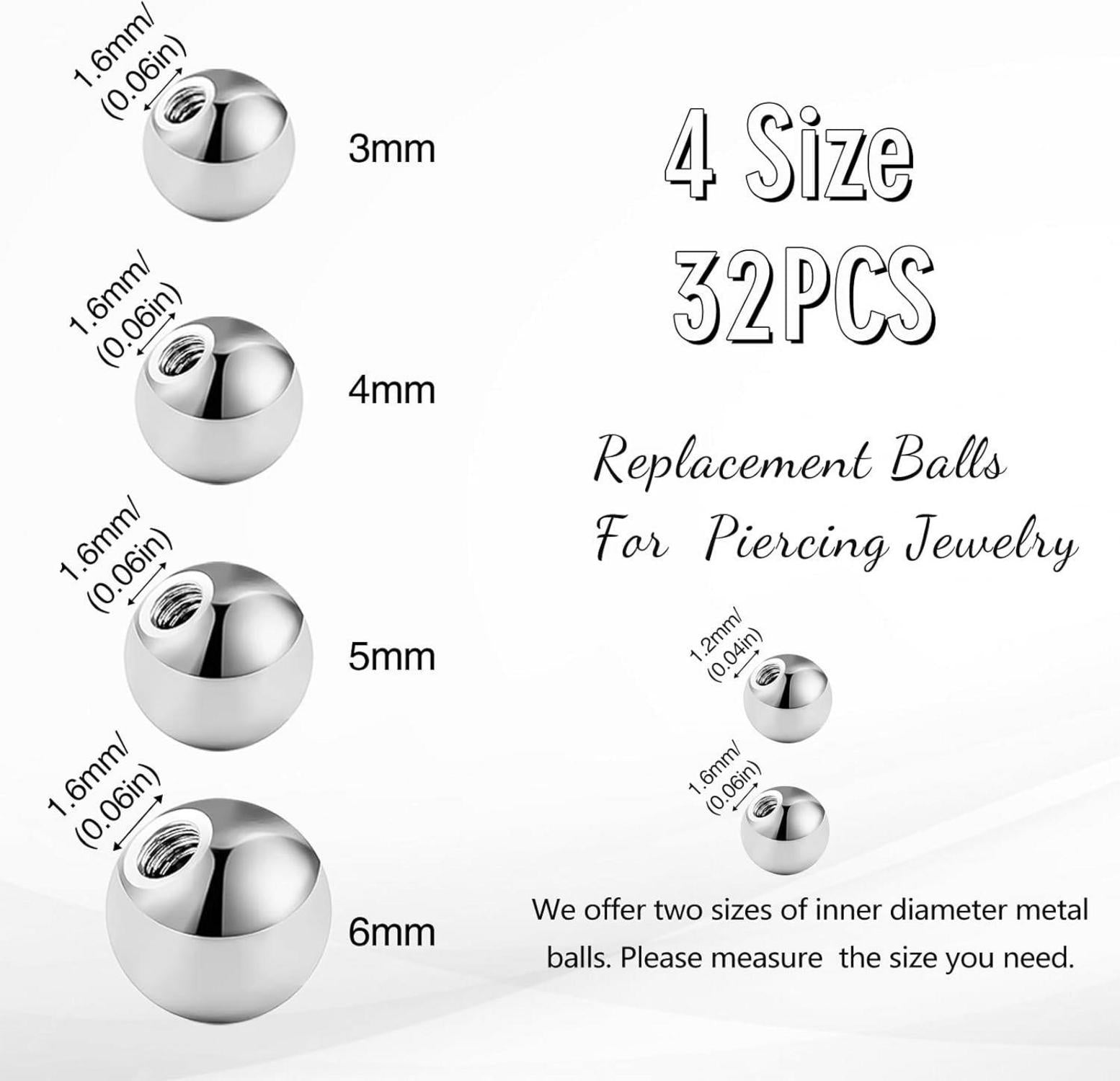 32 Stk. Piercing Kugel Silber 1,2mm Chirurgenstahl 3/4/5/6mm