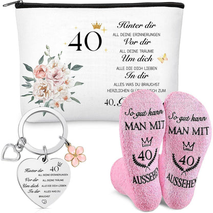 Geburtstagsgeschenk 40. Geburtstag für Frauen: Kosmetiktasche, Socken, Schlüsselanhänger