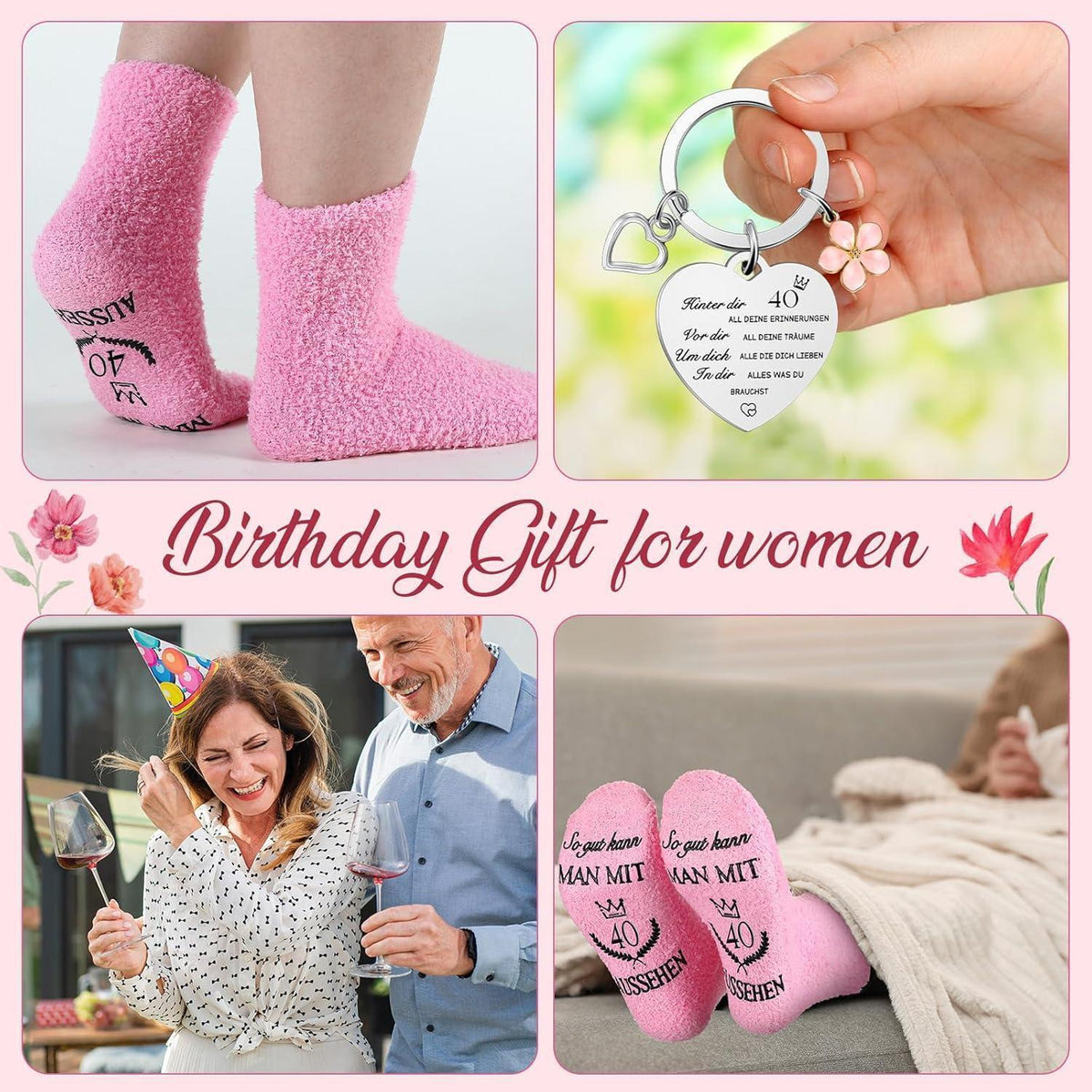 Geburtstagsgeschenk 40. Geburtstag für Frauen: Kosmetiktasche, Socken, Schlüsselanhänger