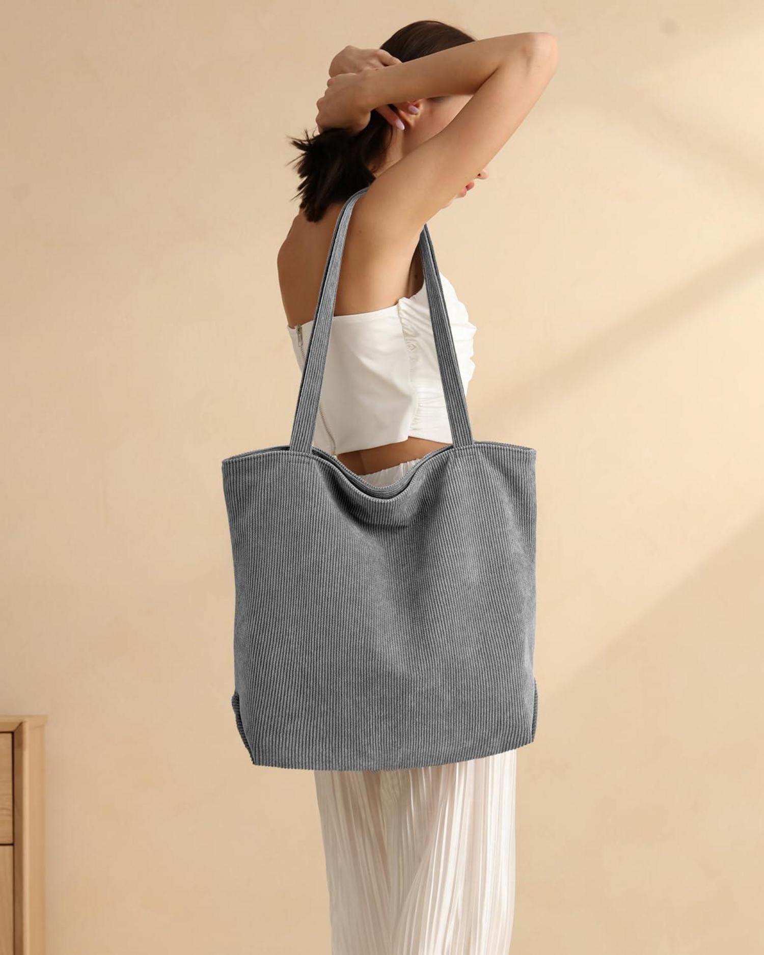 Cord Uni Tasche Shopper Beige Damen Handtasche groß mit Reißverschluss