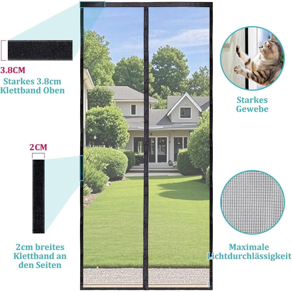 Magnetischer Fliegengitter Tür 100x220cm Schwarz, Robust & Wetterfest