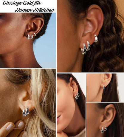 Set 3 Paar Creolen Silber 925/Gold Damen Ohrringe 14K Vergoldet Mini Piercings