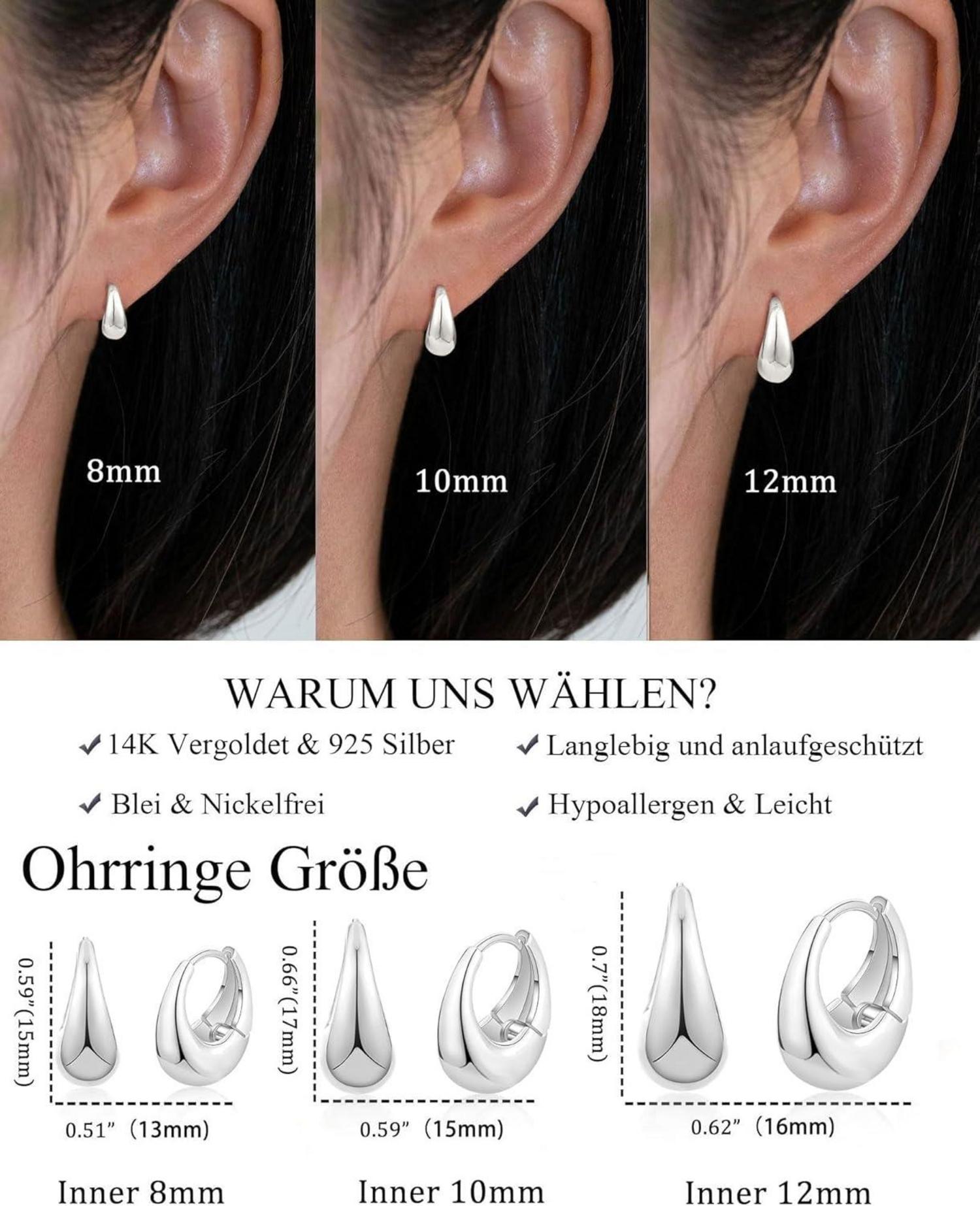 3 Paar Creolen Silber 925/Gold Damen Ohrringe Set 14K Vergoldet Mini