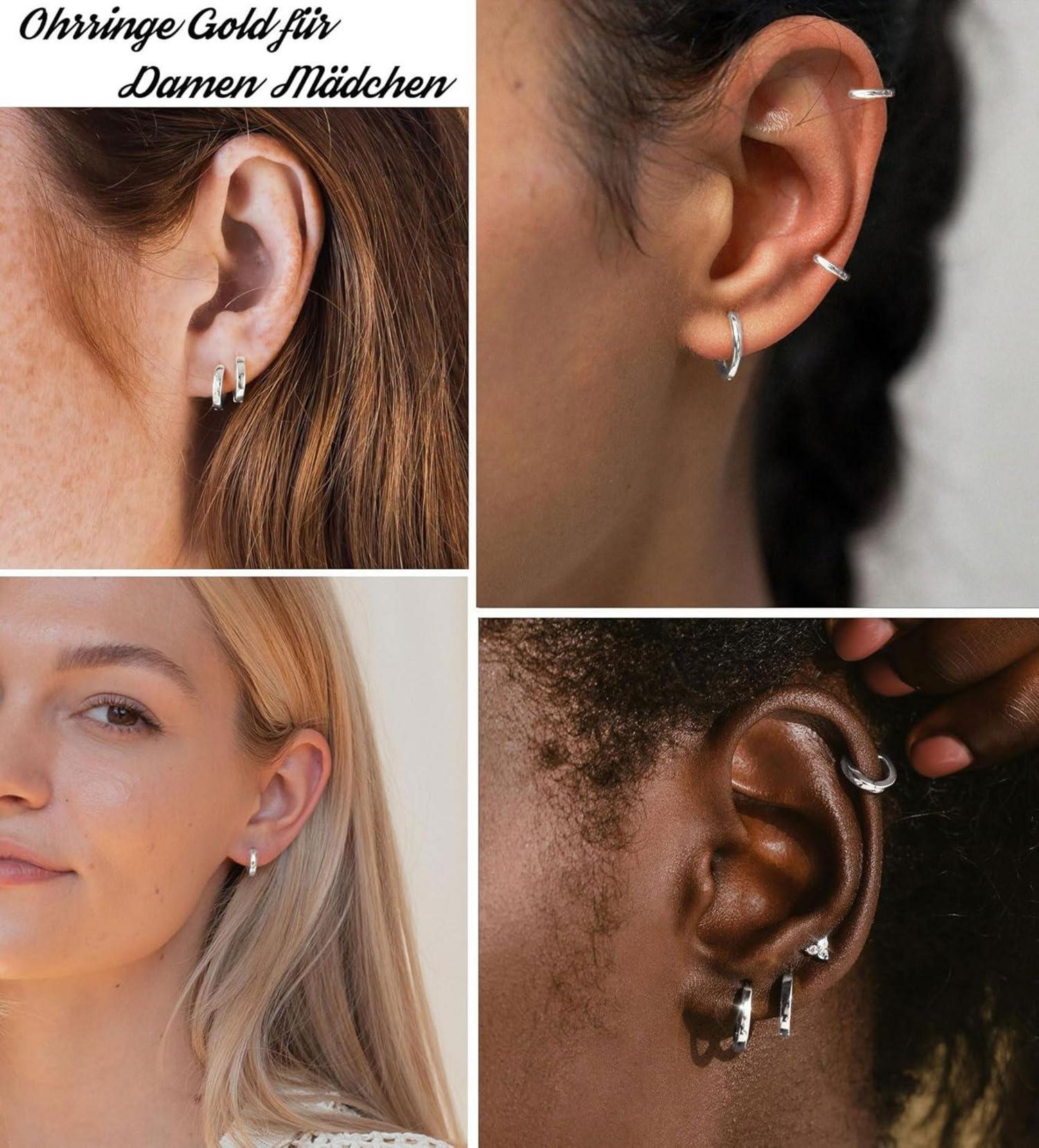 Damen Creolen Silber 925 Gold 14K Vergoldet Ohrringe Set Mini Silberne