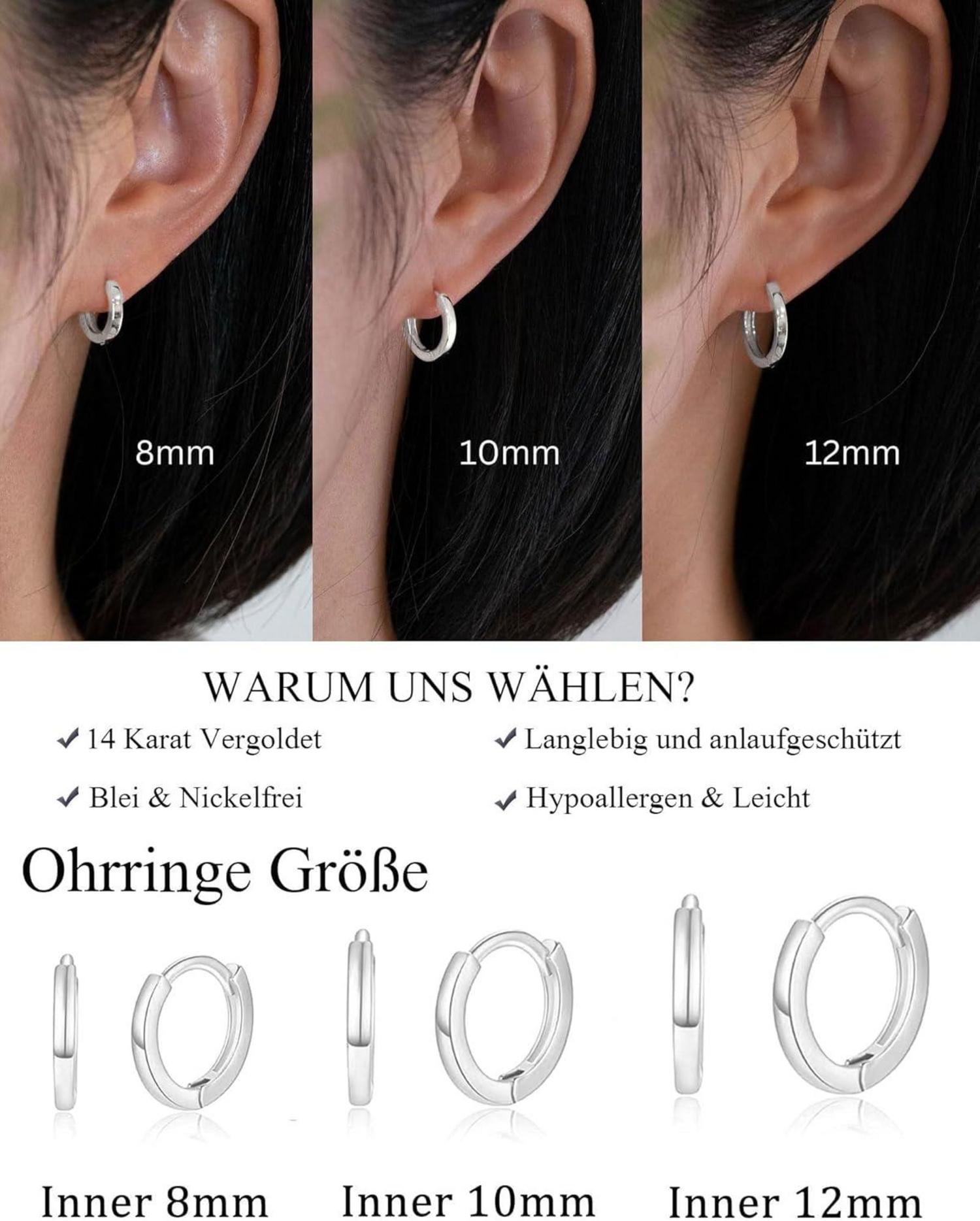 3 Paar Creolen Silber 925 14K Vergoldet Wasserfest Ohrringe Set