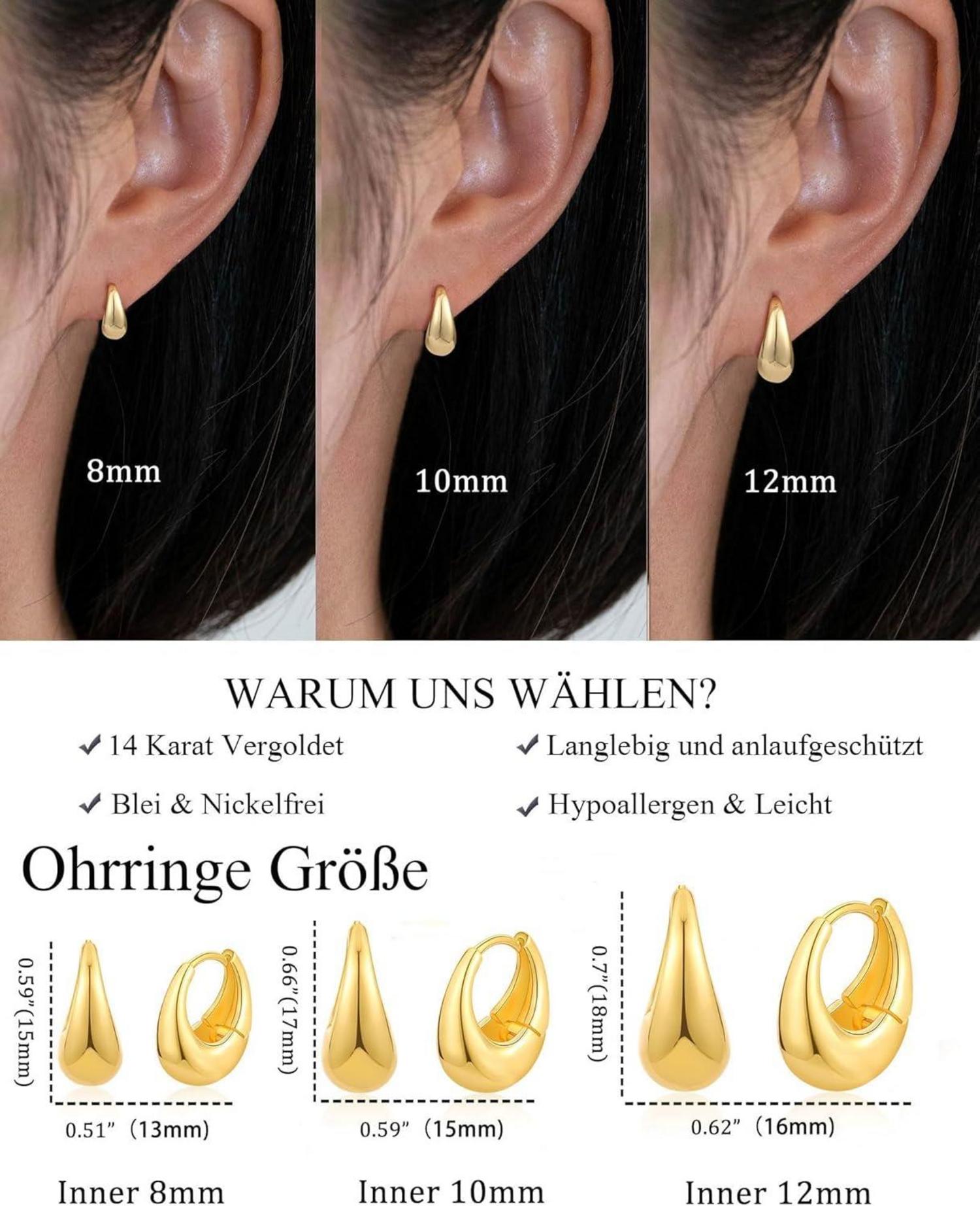 3 Paar FUNEIA Creolen Silber 925/Gold Set Damen Ohrringe 14K Vergoldet Mini