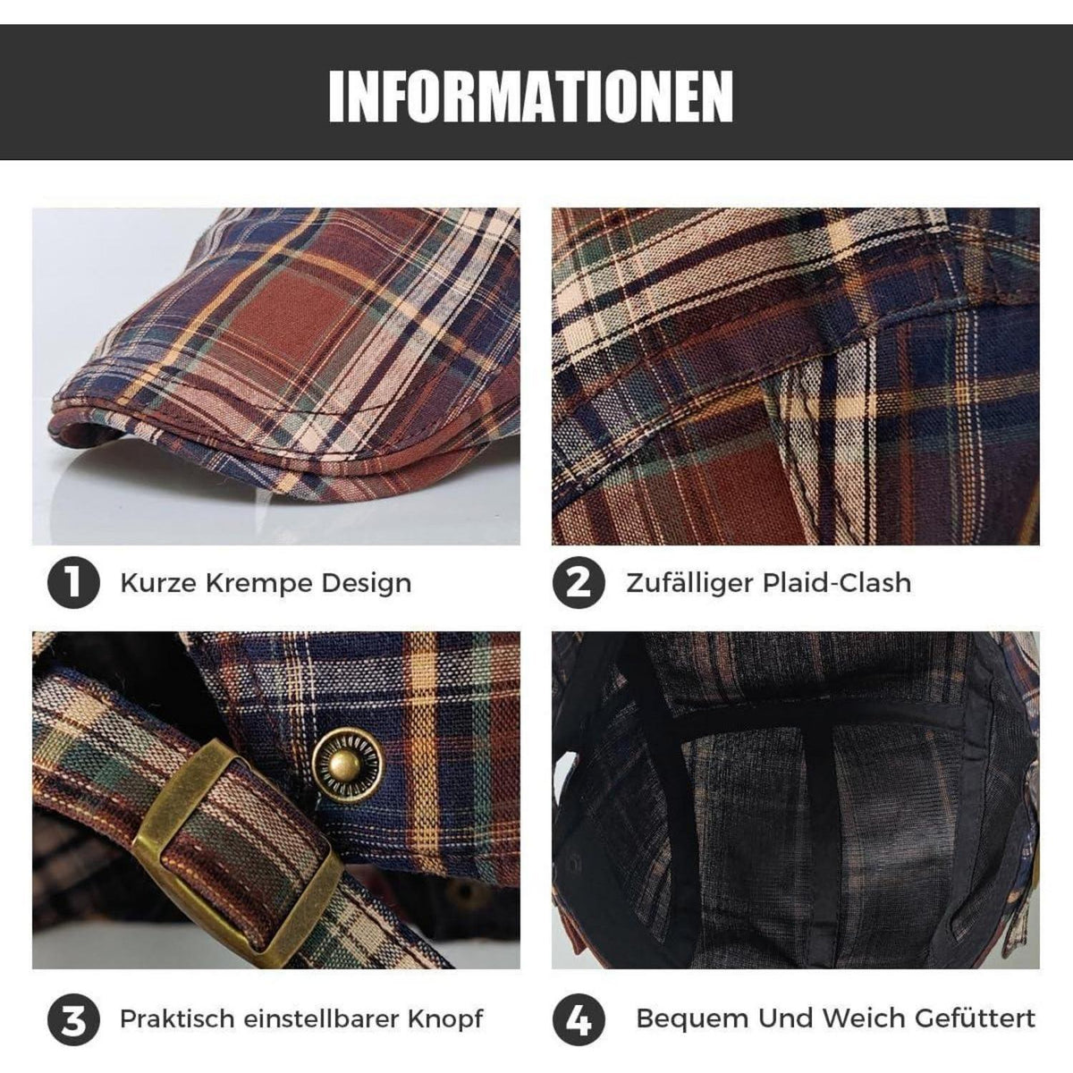 Karierte Schiebermütze Herren Damen Sommer Flatcap Vintage