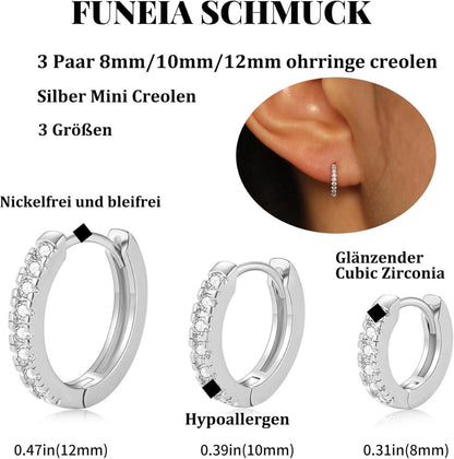 3 Paar FUNEIA Creolen Ohrringe Set Silber 925 Gold 14K Echt Vergoldet