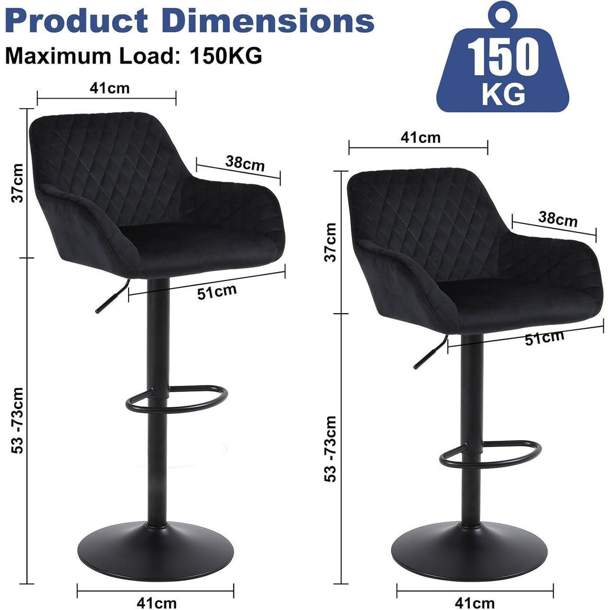 ralex Barhocker Set 3er – Höhenverstellbar, Samt, Schwarz