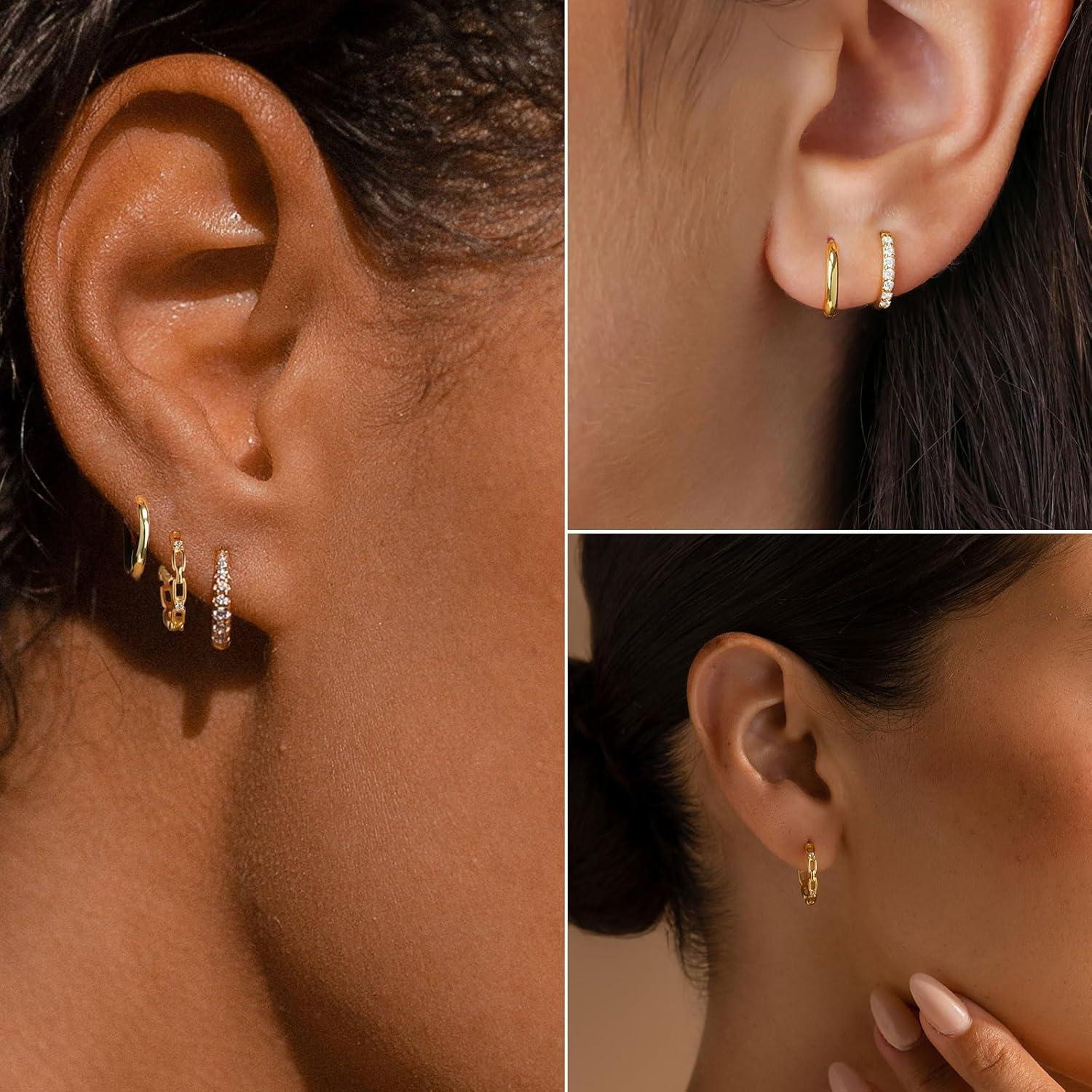 Damen Creolen Ohrringe Set Silber 925/Gold 14K Vergoldet Mini E-Gold