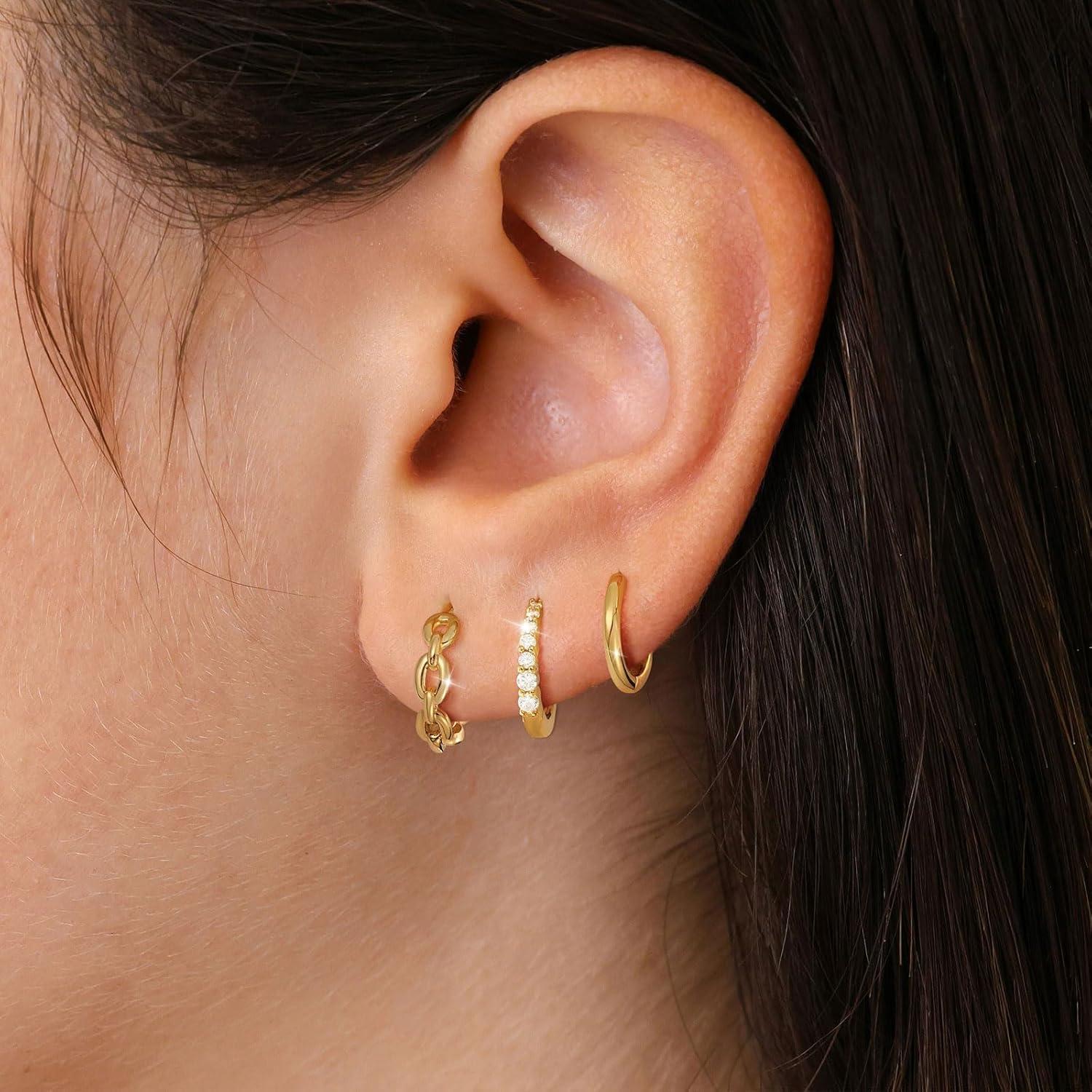 Damen Creolen Ohrringe Set Silber 925/Gold 14K Vergoldet Mini E-Gold