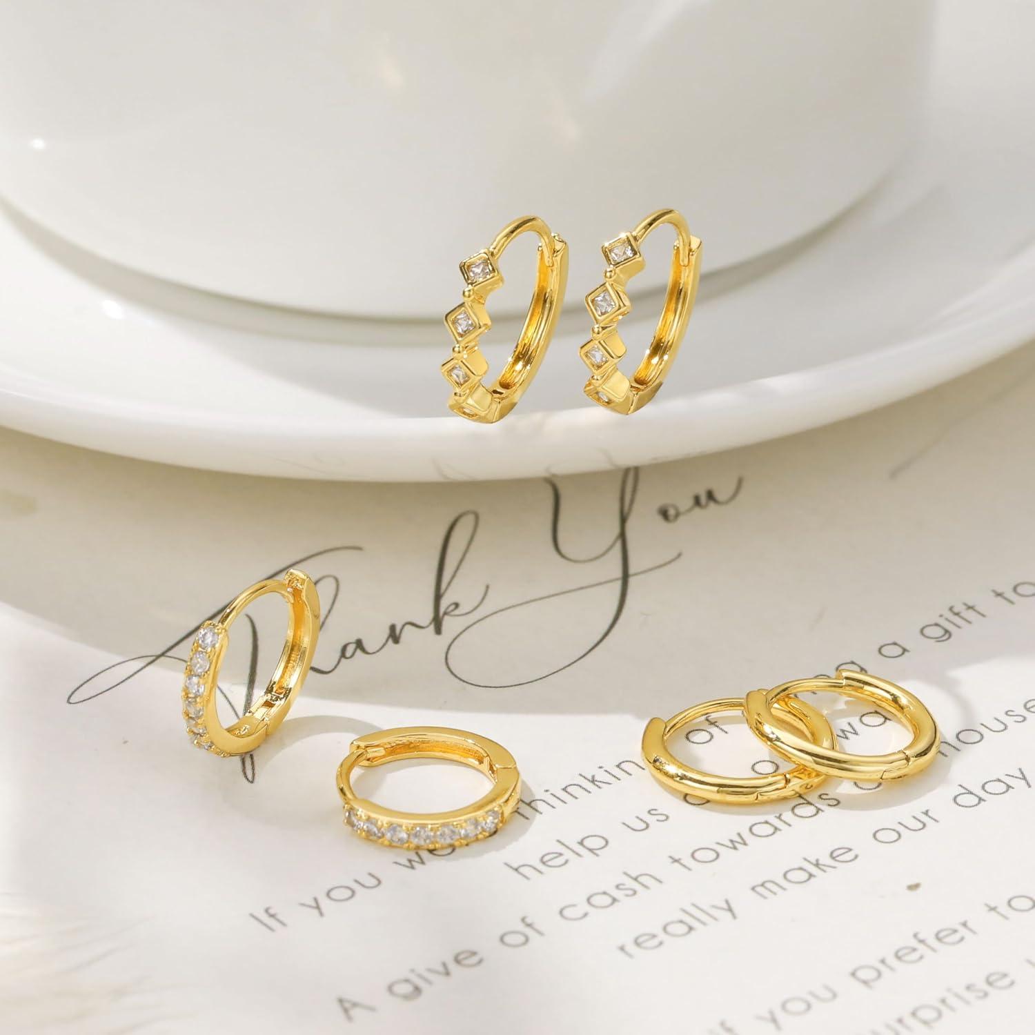 FUNEIA 3 Paar Ohrringe Silber 925 Gold Set 14K Vergoldet Creolen Mini Piercings