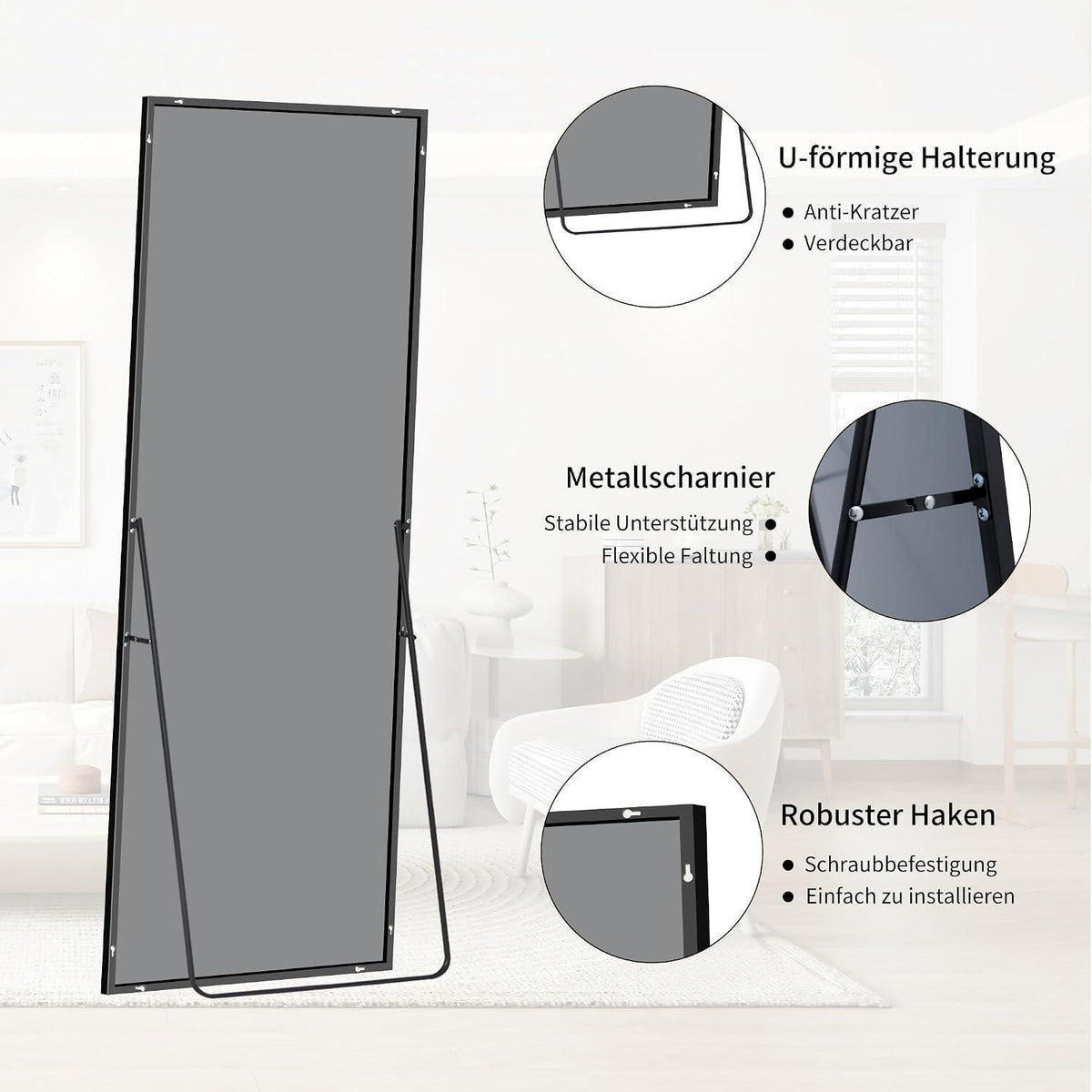 Ganzkörperspiegel 161x52cm Standspiegel mit Schwarzrahmen