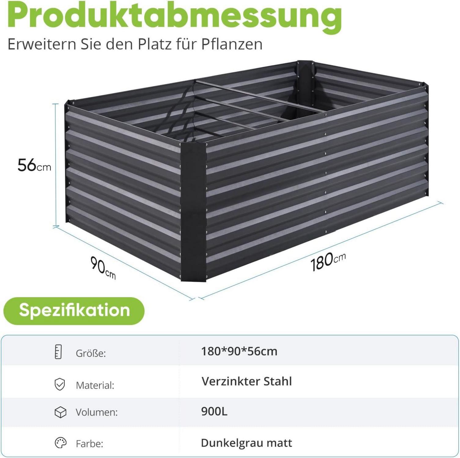 Hochbeet Metall 180x90x56cm Pflanzkasten Tomatenkäfig Grau
