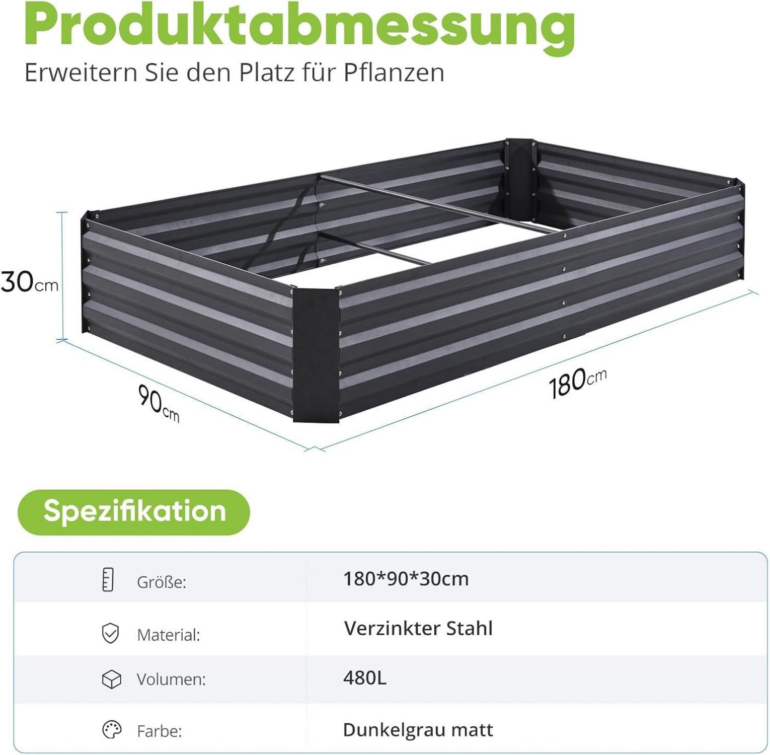 Hochbeet Metall Pflanzbeet 180x90x30cm Tomatenkäfig Garten Grau