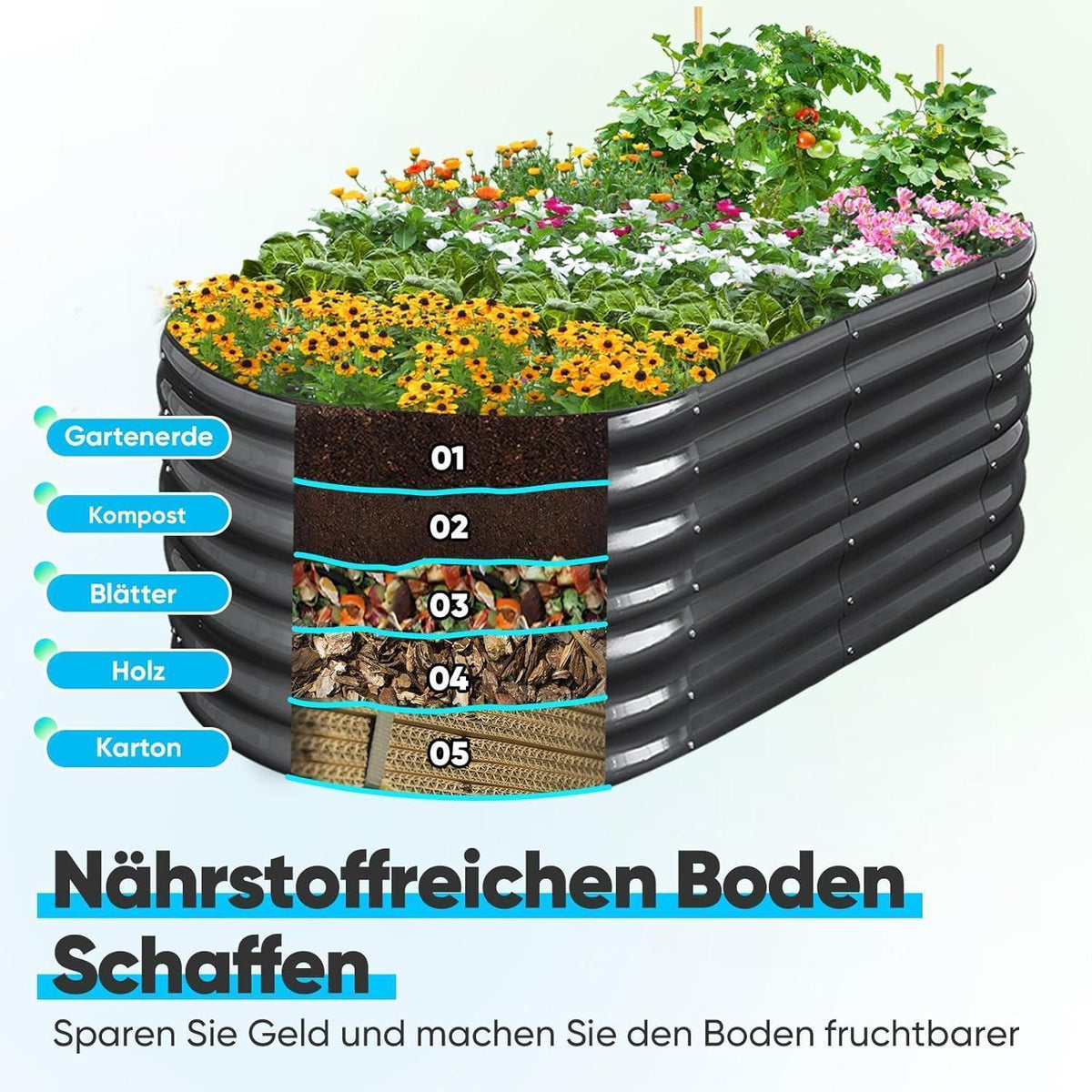 Hochbeet 180x90cm Oval aus Metall, Grau