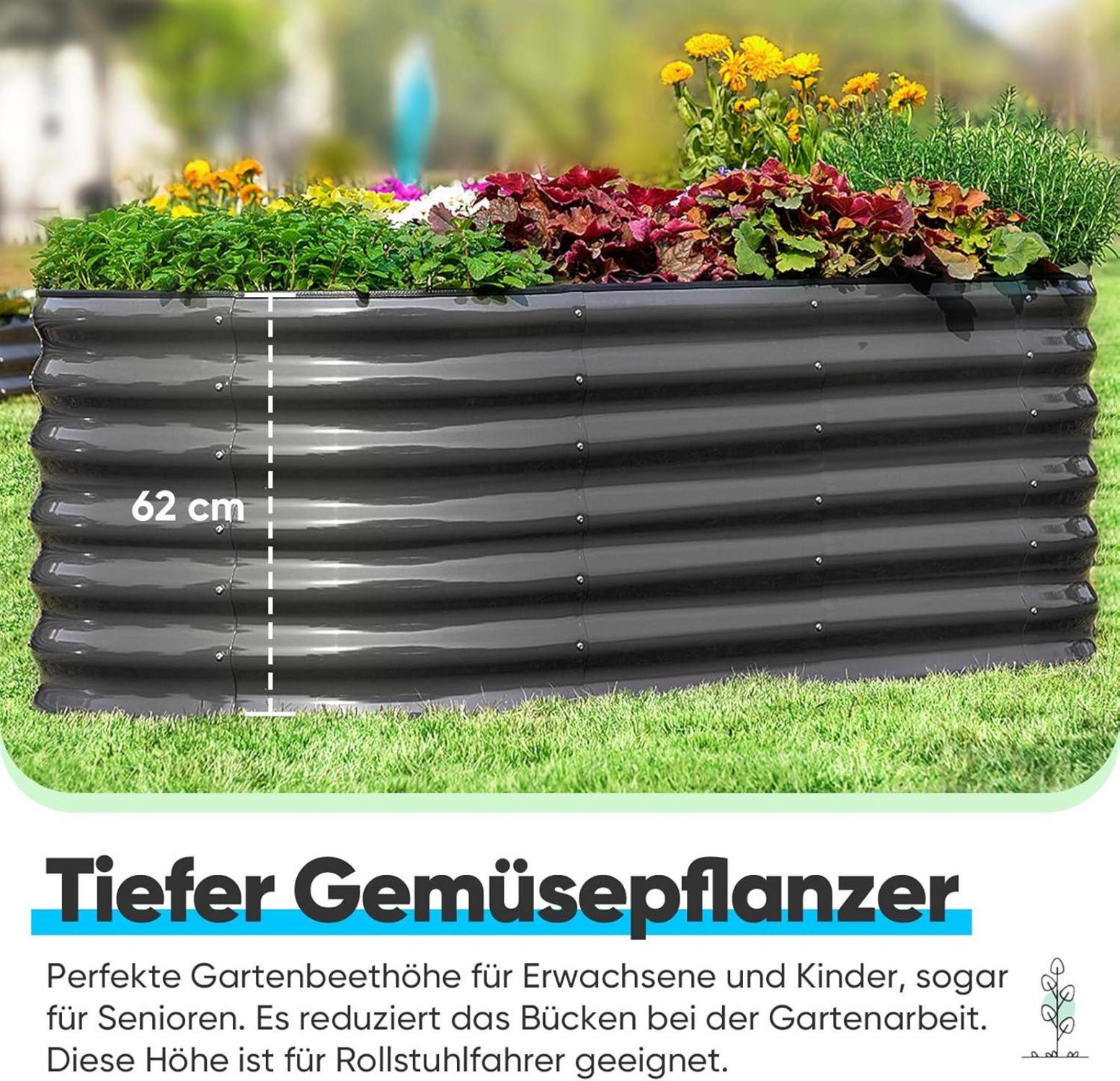 Quictent Hochbeet aus Metall oval - 180 x 90 x 62cm - Rostfrei - Grau