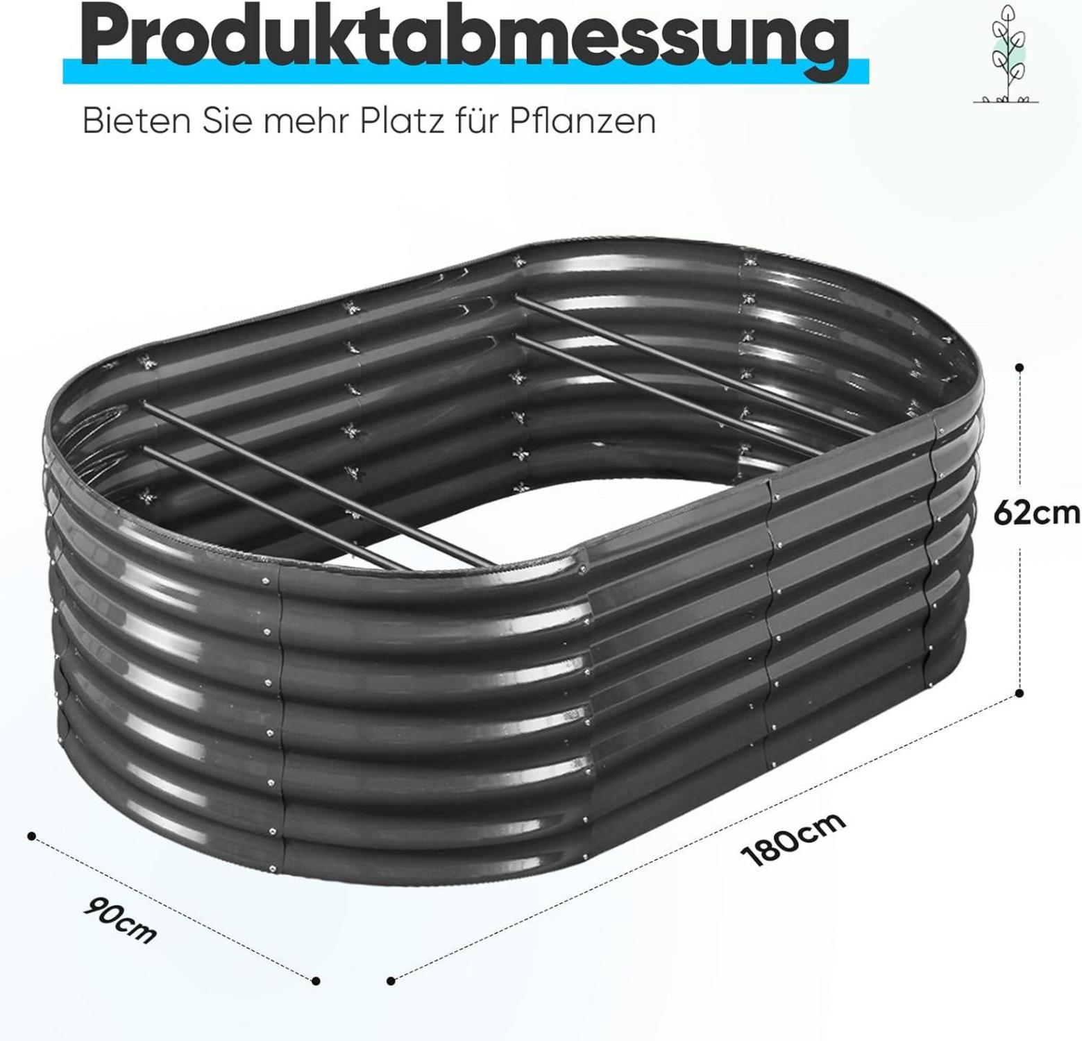 Quictent Hochbeet Metall oval 180x90x62cm Grau Freistehend Pflanzkasten
