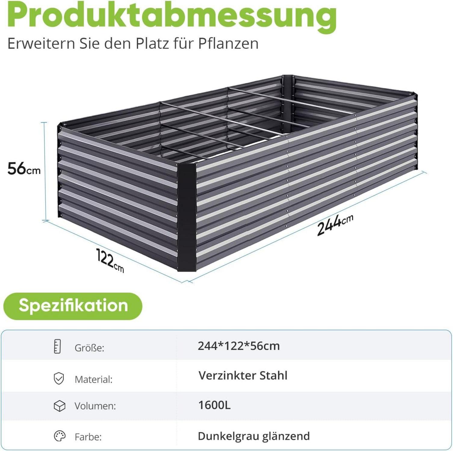 Quictent Hochbeet Metall 244x122x56cm Pflanzkasten Tomatenkäfig Grau