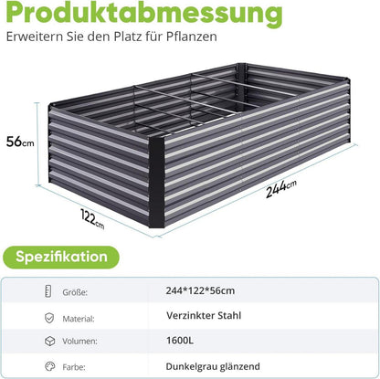 Quictent Hochbeet Metall 244x122x56cm Pflanzkasten Tomatenkäfig Grau