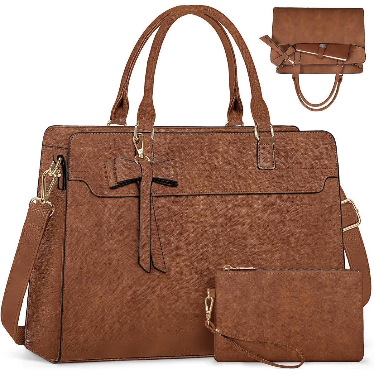 RAINSMORE Shopper Damen Groß 15.6 Zoll Laptoptasche Wasserdicht mit Clutch Retro Braun