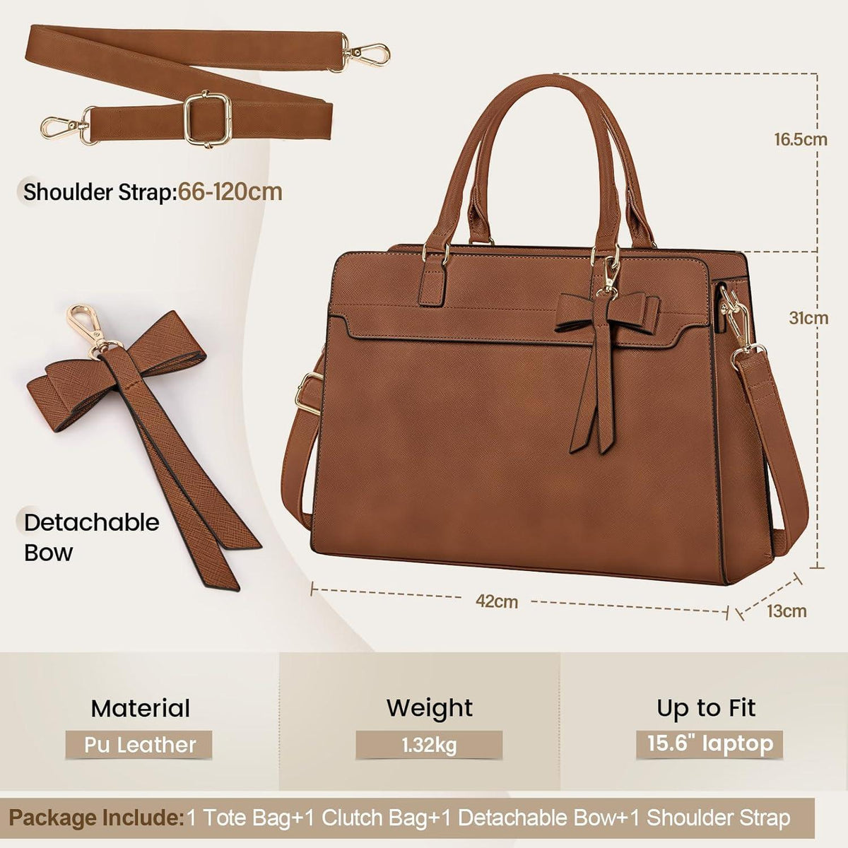 RAINSMORE Shopper Damen Groß 15.6 Zoll Laptoptasche Wasserdicht mit Clutch Retro Braun