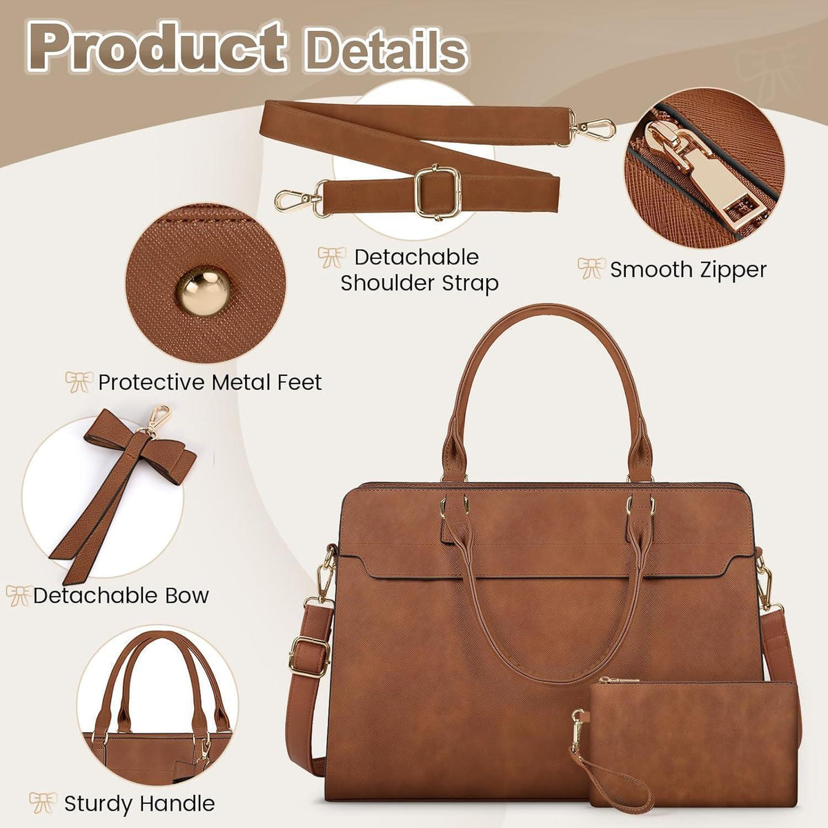 RAINSMORE Shopper Damen Groß 15.6 Zoll Laptoptasche Wasserdicht mit Clutch Retro Braun