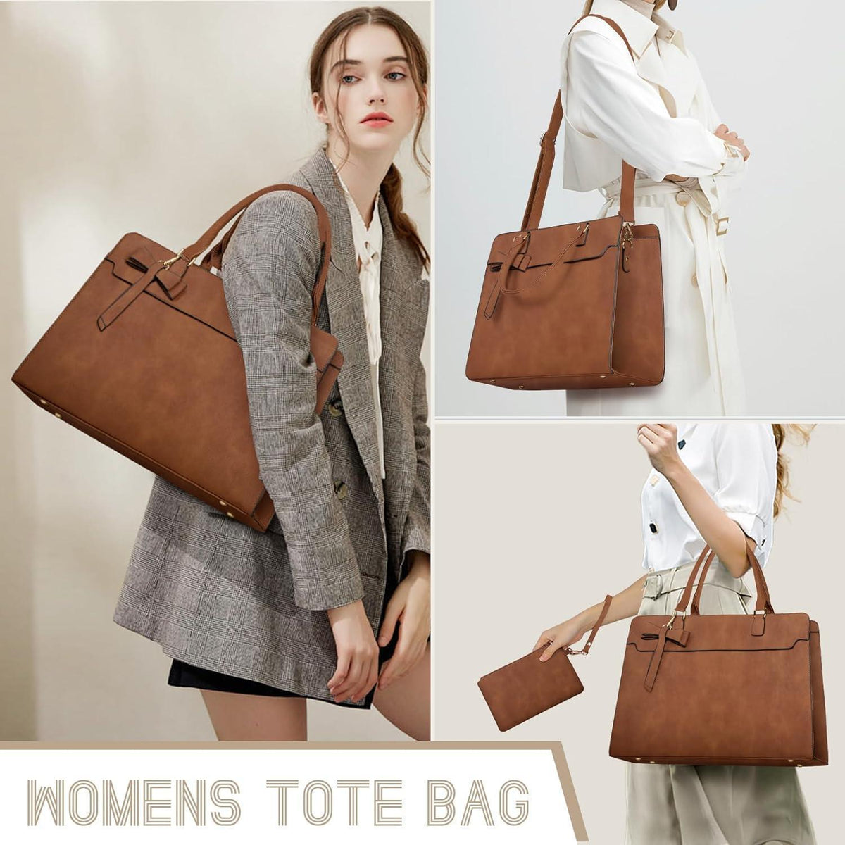 RAINSMORE Shopper Damen Groß 15.6 Zoll Laptoptasche Wasserdicht mit Clutch Retro Braun