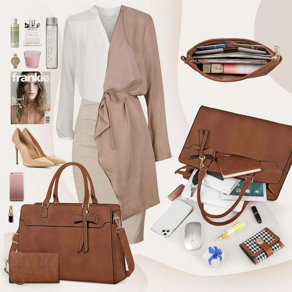 RAINSMORE Shopper Damen Groß 15.6 Zoll Laptoptasche Wasserdicht mit Clutch Retro Braun