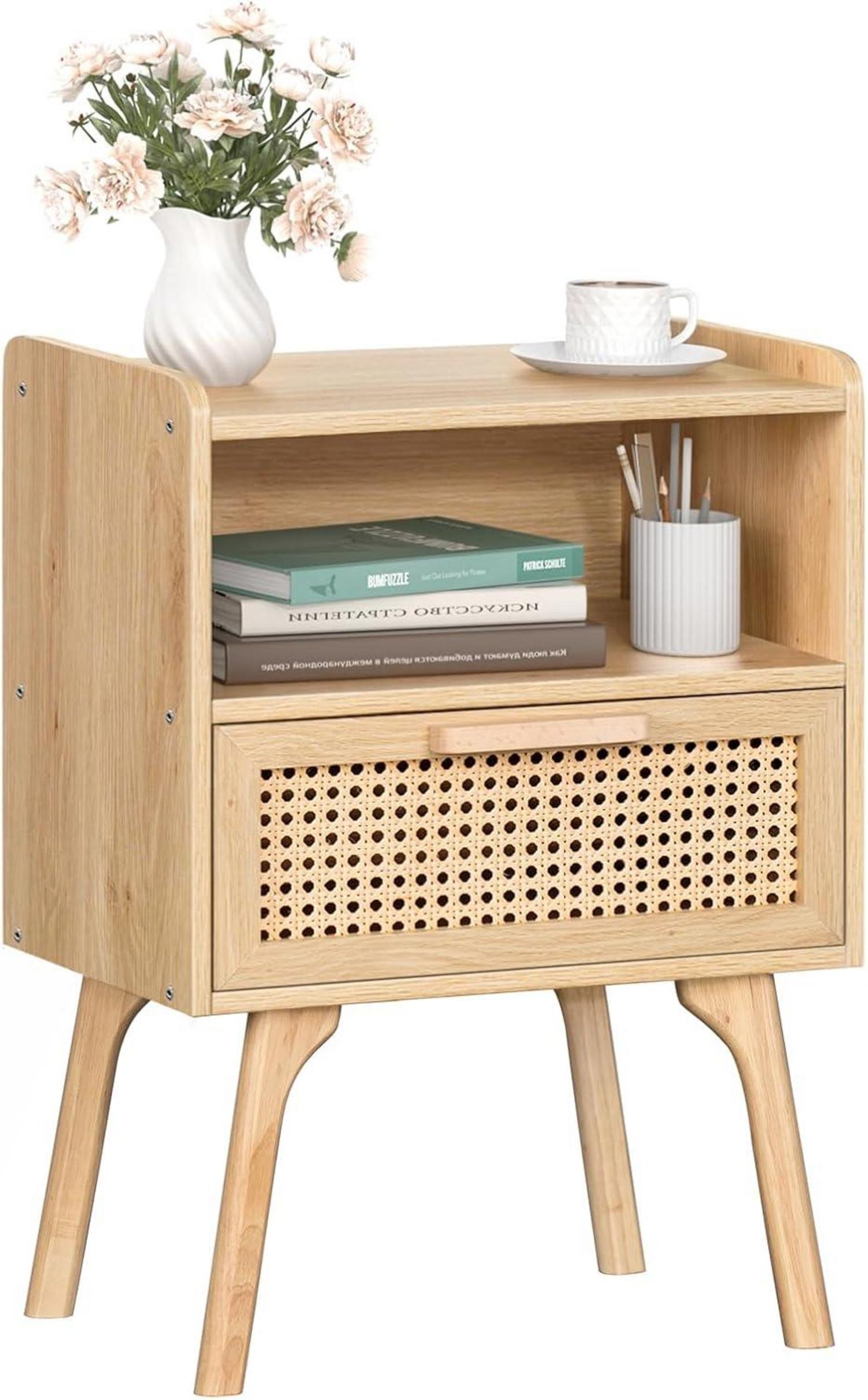 Nachttisch Rattan Boho mit Schublade und Regal Massivholz