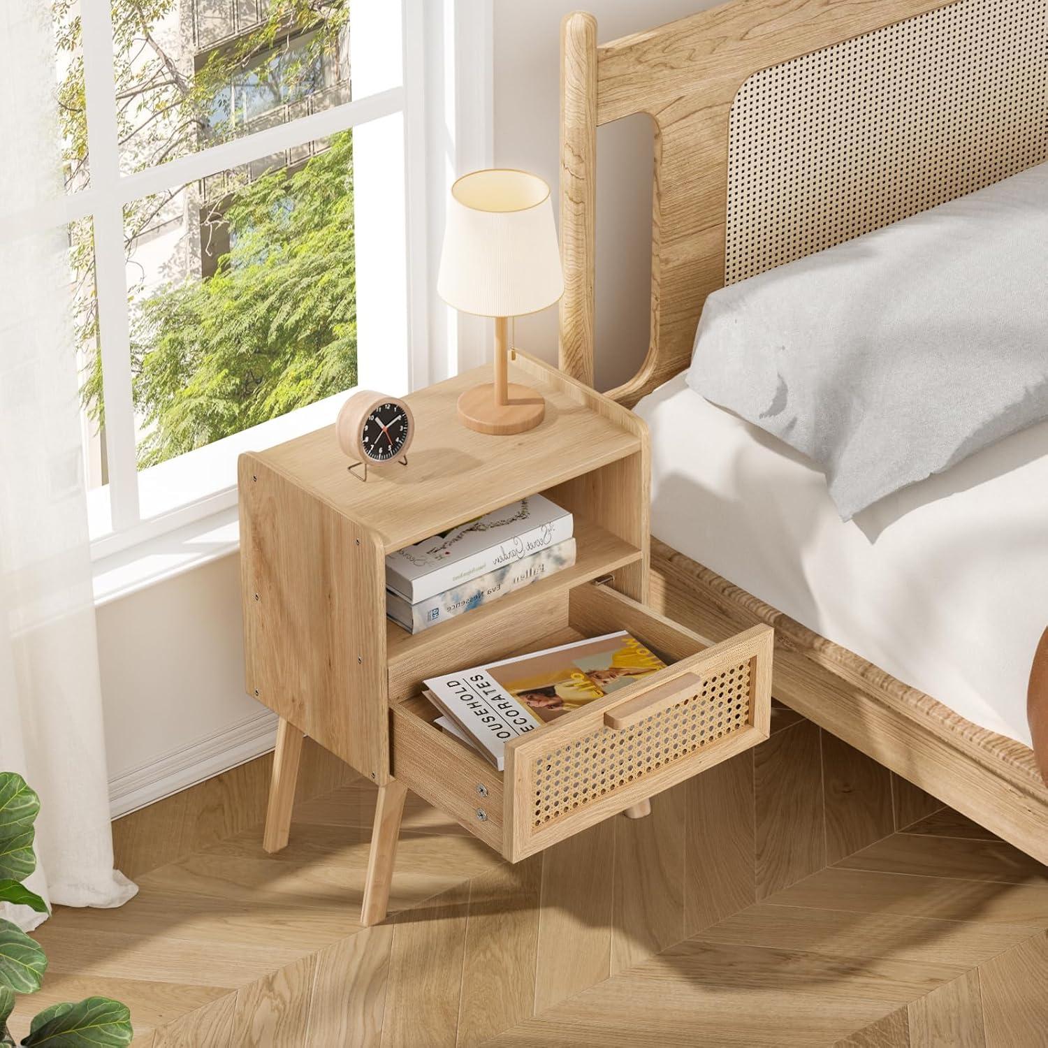 Nachttisch Rattan Boho mit Schublade und Regal, Massivholzfüße