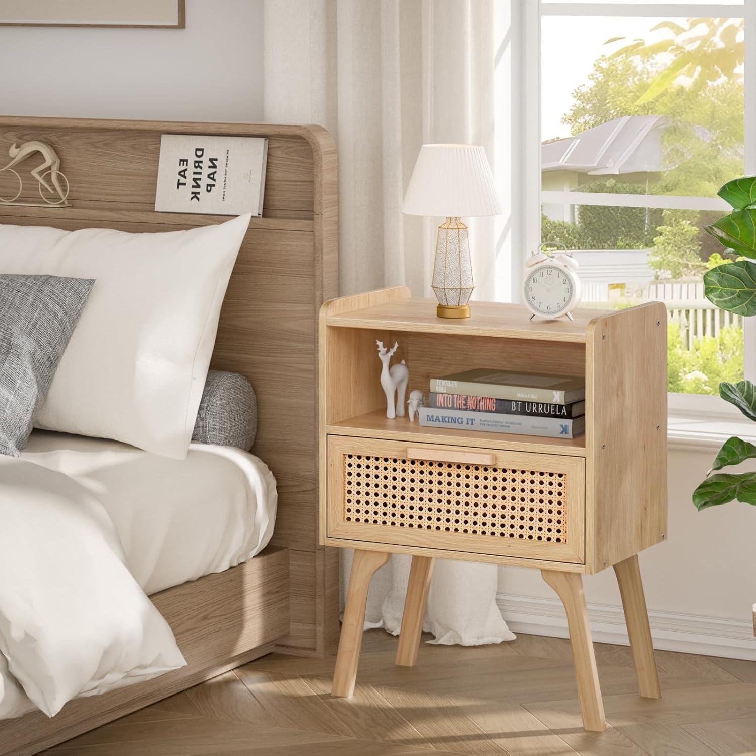 Boho Nachttisch Rattan mit Schublade und Regal, Massivholz Holz Beistelltisch