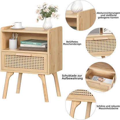 Nachttisch Rattan Boho Holz mit Schublade Regal Massivholz-Sofatisch