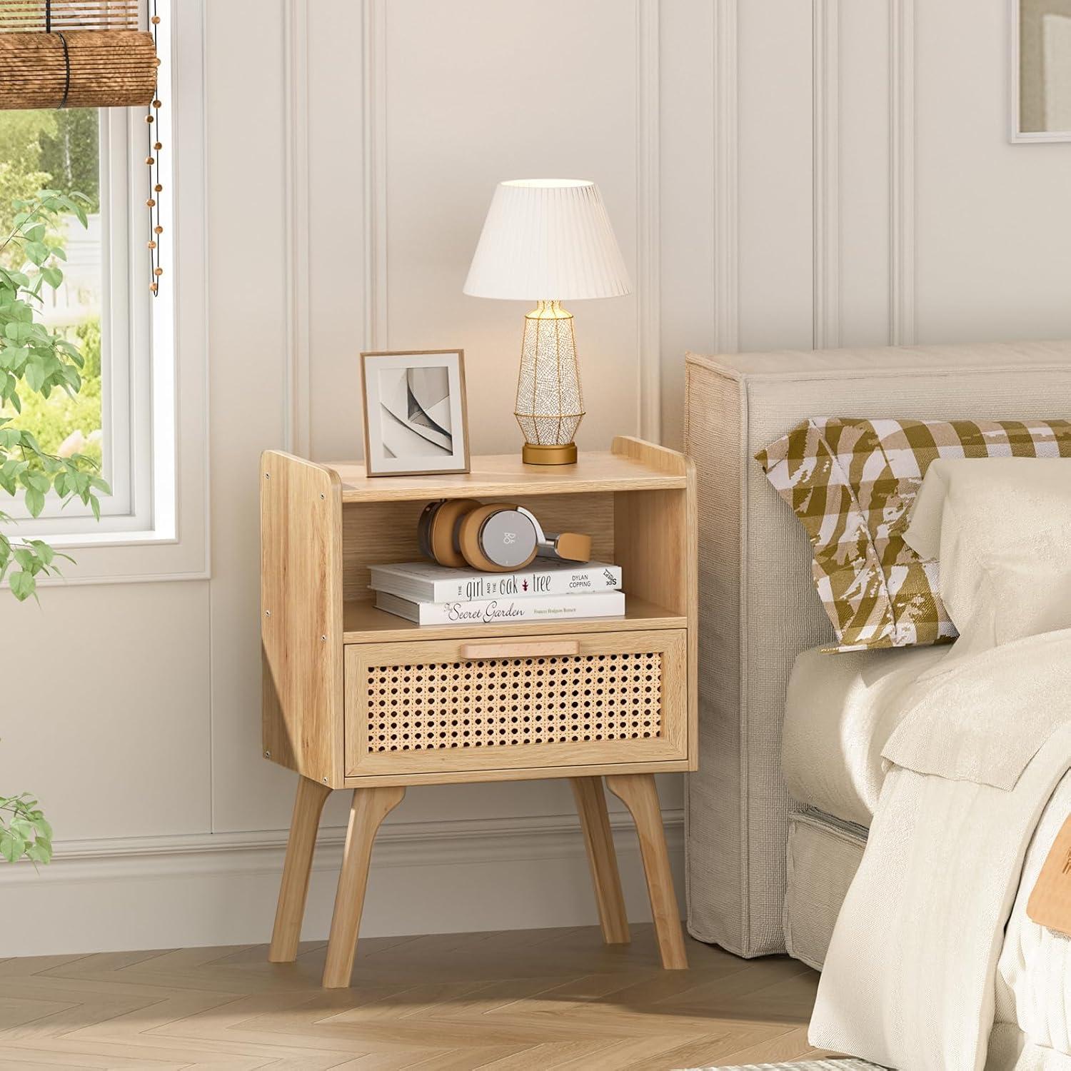 Boho Nachttisch Rattan mit Schublade und Regal, Massivholz Holz Beistelltisch
