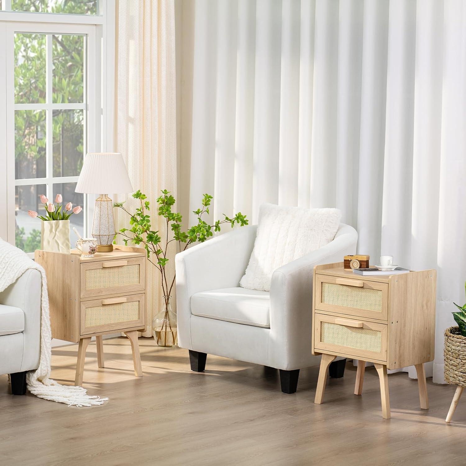 Nachttisch Rattan Boho Beistelltisch 2 Schubladen Holz Natürliche