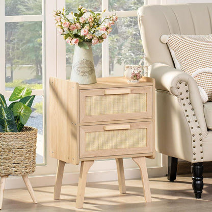 LELELINKY Nachttisch Rattan Beistelltisch 2 Schublade Holz Boho Natürlich