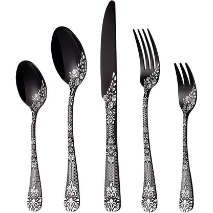 30-teiliges Besteckset Schwarz für 6 Personen, Edelstahl, Blumenmuster