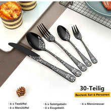 30-teiliges Besteckset Schwarz für 6 Personen, Edelstahl, Blumenmuster