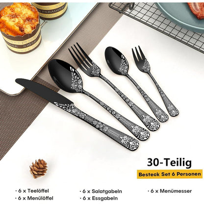 30-teiliges Besteckset Schwarz für 6 Personen, Edelstahl, Blumenmuster