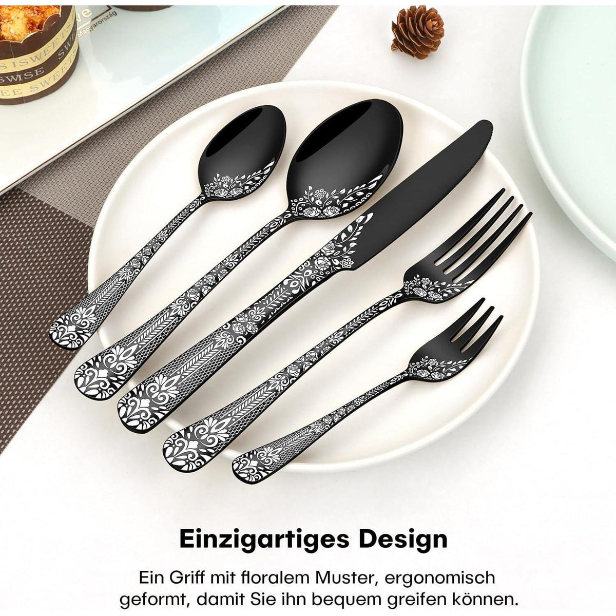 30-teiliges Besteckset Schwarz für 6 Personen, Edelstahl, Blumenmuster