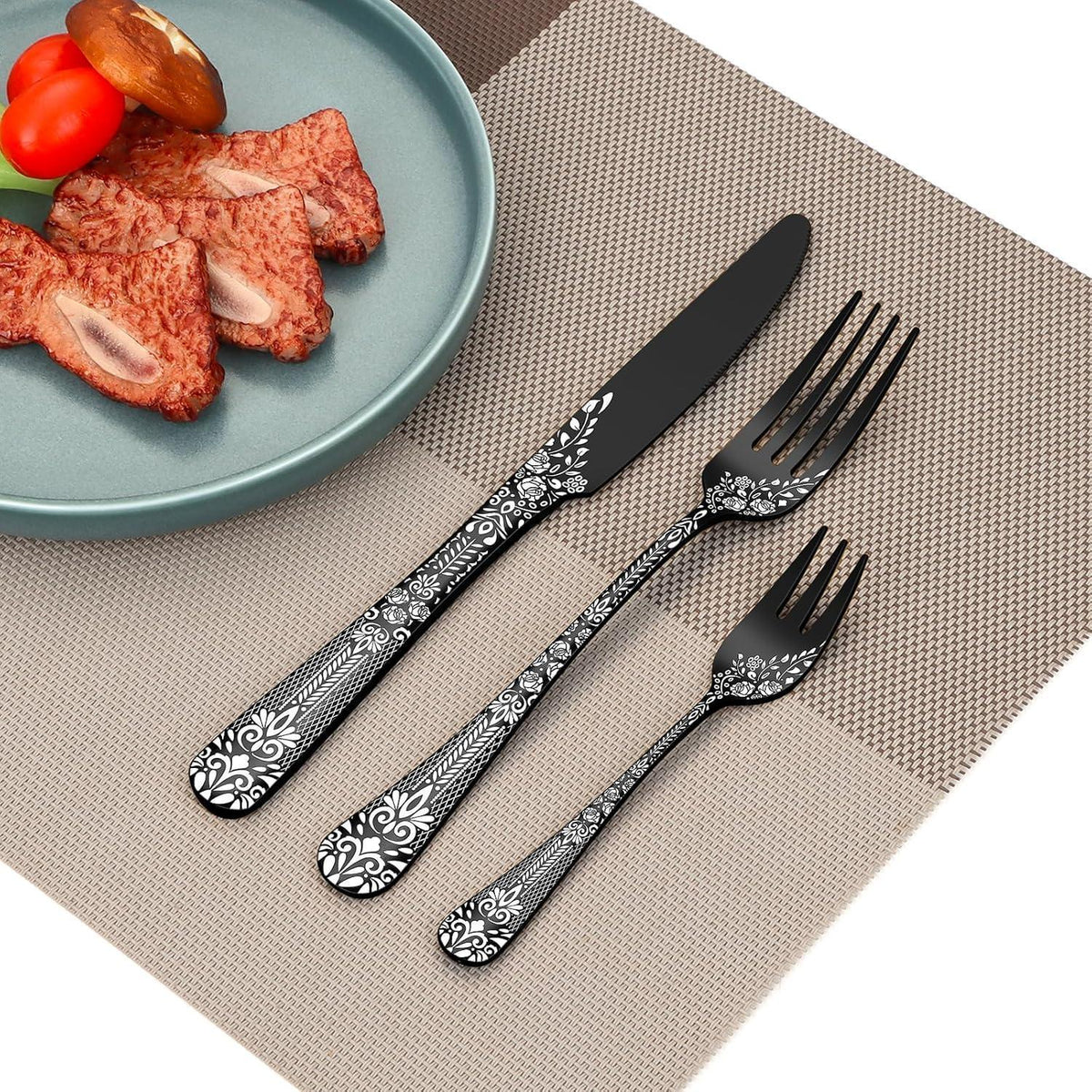 30-teiliges Besteckset Schwarz für 6 Personen, Edelstahl, Blumenmuster