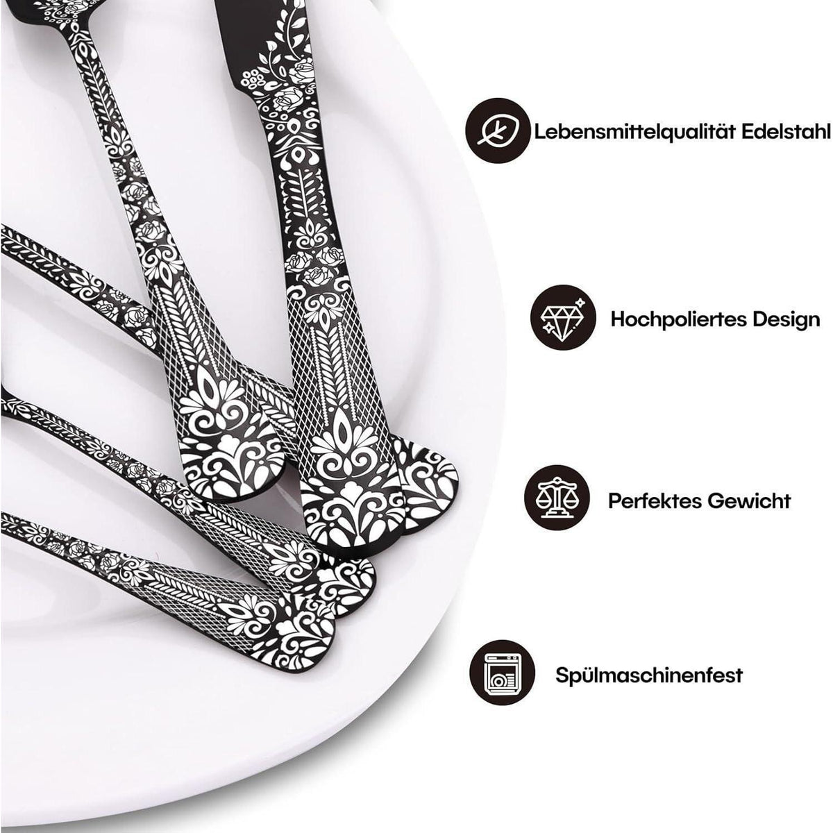 30-teiliges Besteckset Schwarz für 6 Personen, Edelstahl, Blumenmuster