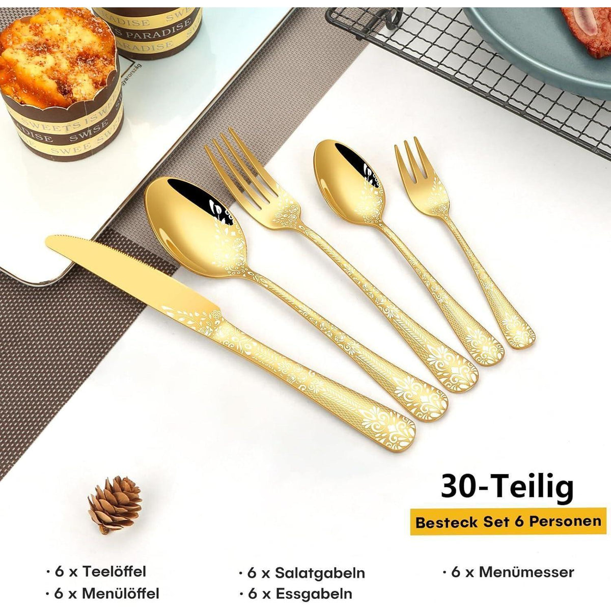 30-teiliges Besteckset Gold für 6 Personen mit Blumenmuster