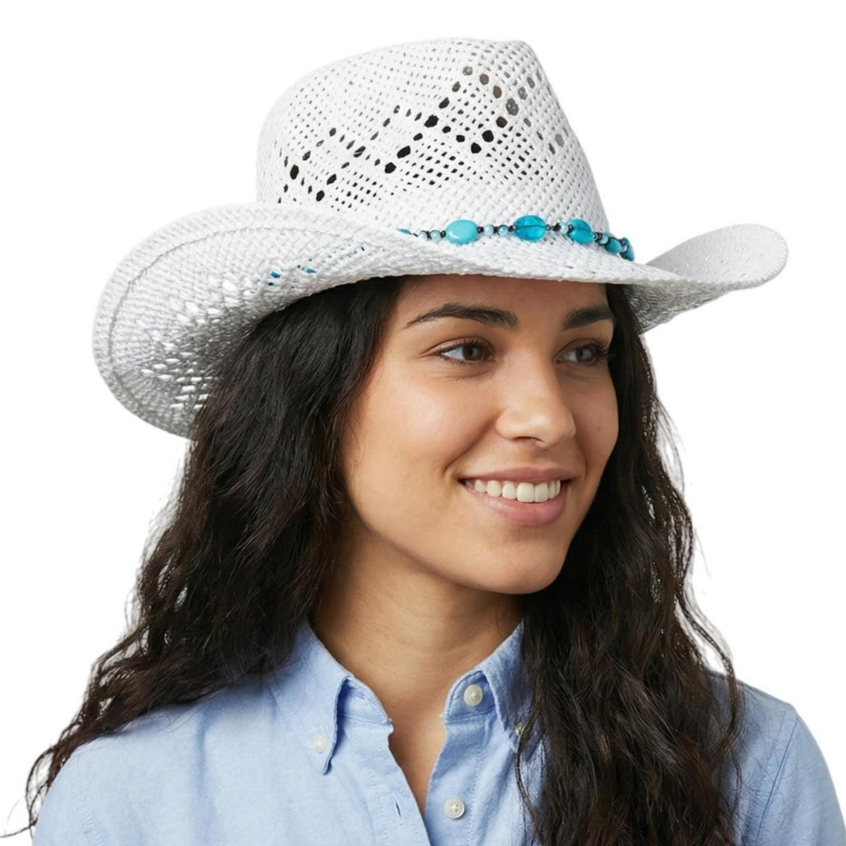 Sommer Cowboyhut Damen Stroh mit Perlenbesatz - Weiß